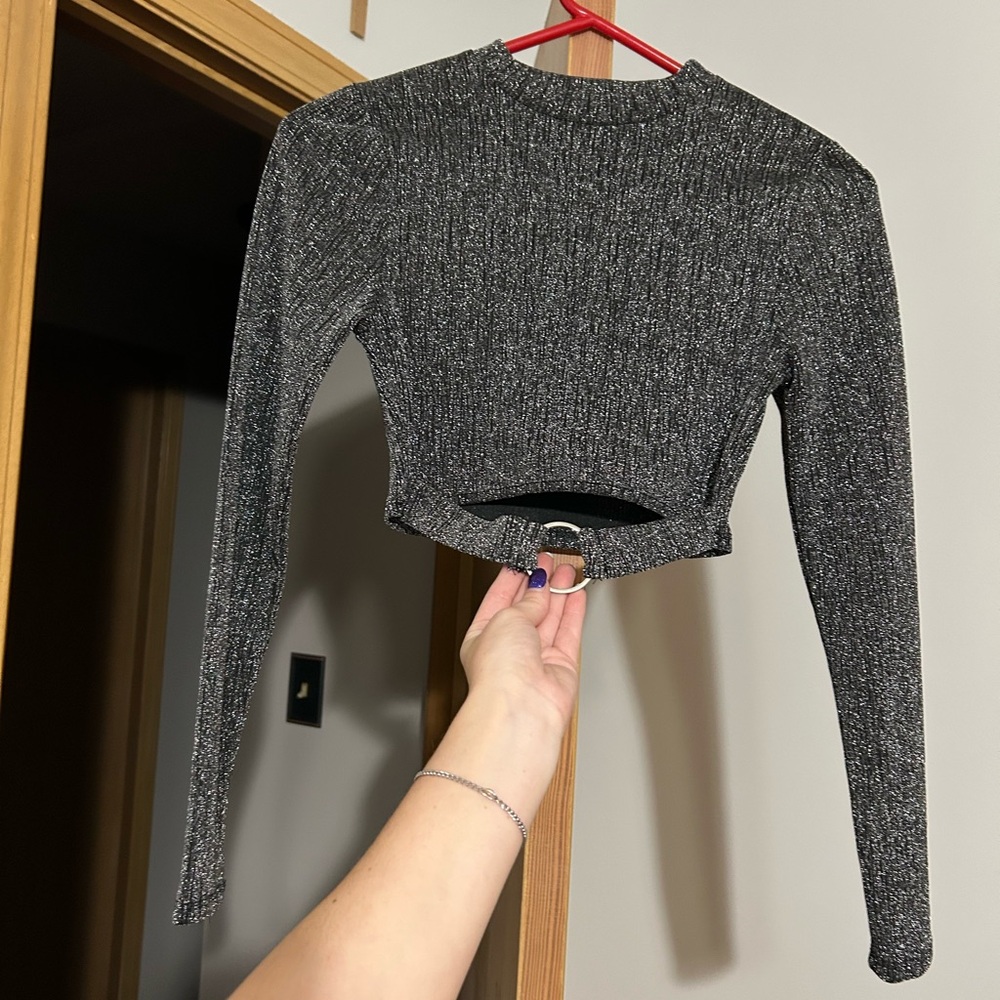 Glitter Long Sleeve Crop Top with cut out